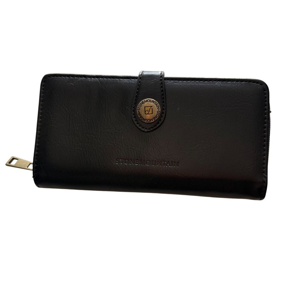 Stone Mountain Leather Zip Around Clutch Genuine Pebble Leather Wallet Black - Picture 2 of 7